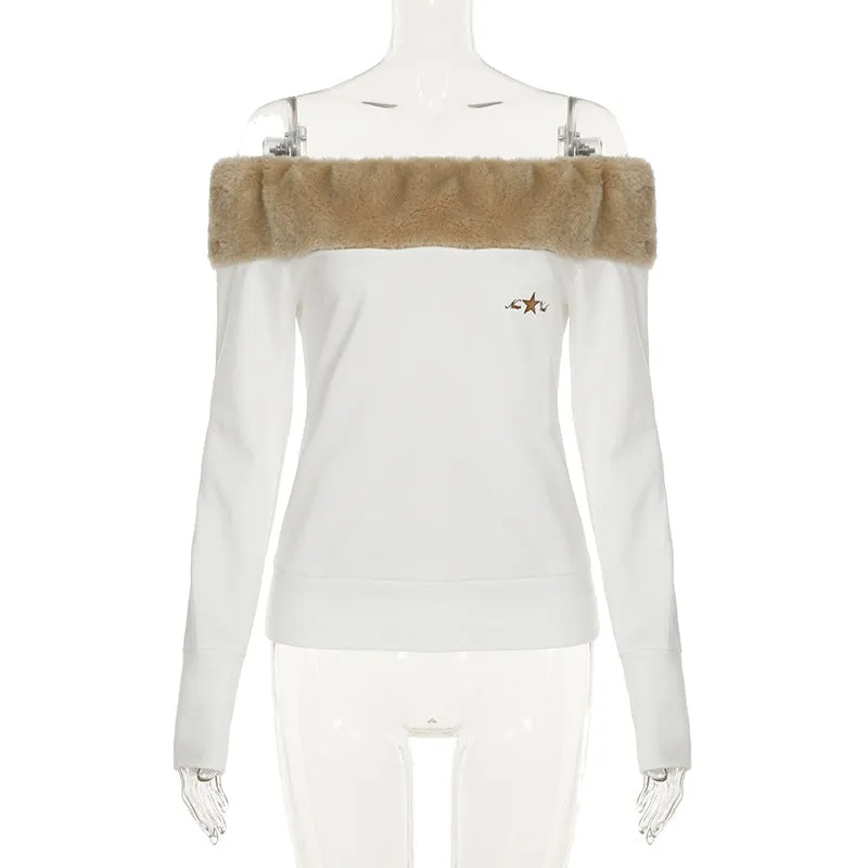 Fur Edge Off-Shoulder Long Sleeve Top