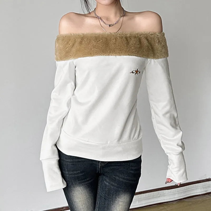 Fur Edge Off-Shoulder Long Sleeve Top