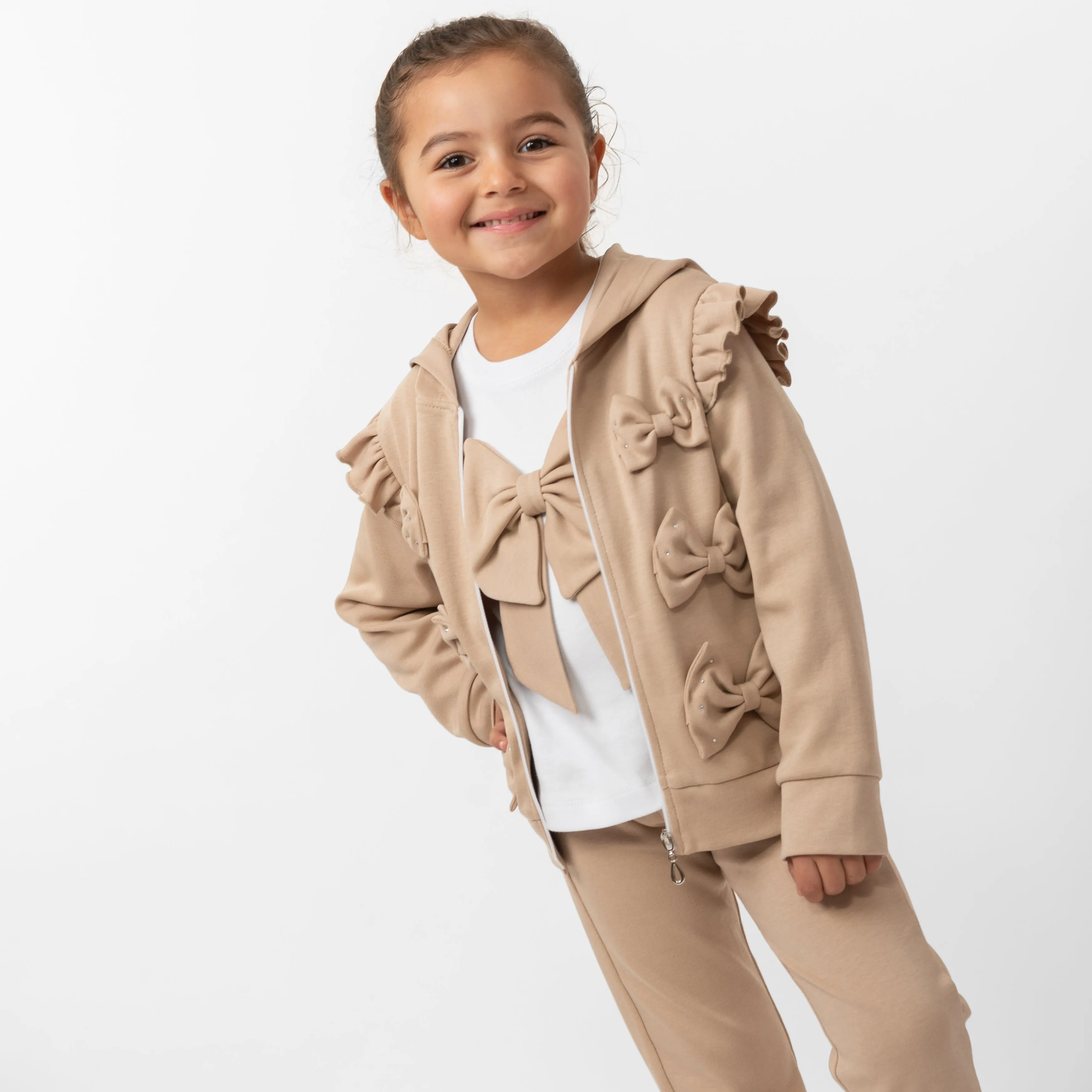 Girls Mink Diamante Bow Three Piece Tracksuit