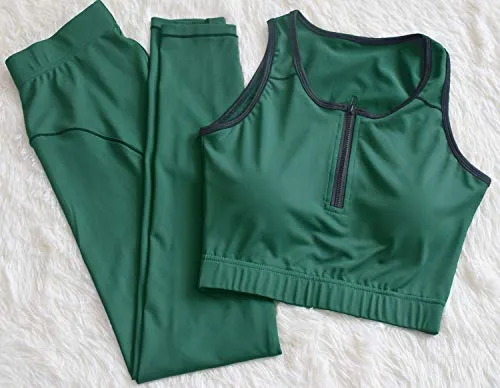 Glamaker Women's 2 Piece Yoga Workout Tracksuit Outfits - Sport Tank Crop Top and Compression High Waisted Leggings Casual Activewear Sets Green Small