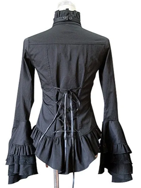 Gothic Lolita Blouse Lace Patch Cotton Pleated Bow Ruffles Two Tone White Lolita Top