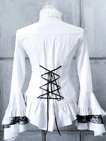 Gothic Lolita Blouse Lace Patch Cotton Pleated Bow Ruffles Two Tone White Lolita Top