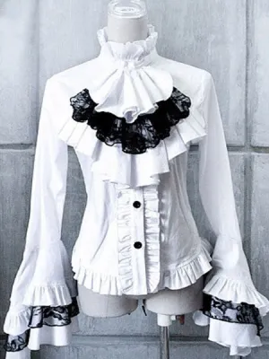 Gothic Lolita Blouse Lace Patch Cotton Pleated Bow Ruffles Two Tone White Lolita Top