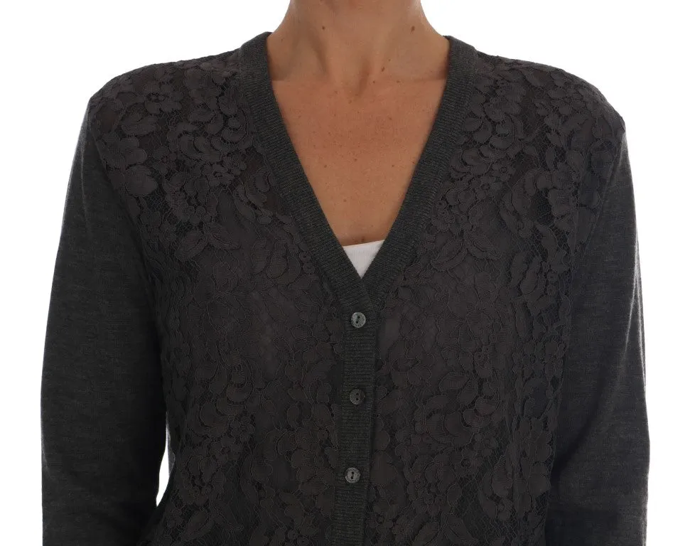 Gray Cashmere Floral Lace Cardigan Sweater