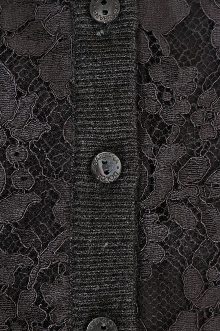 Gray Cashmere Floral Lace Cardigan Sweater