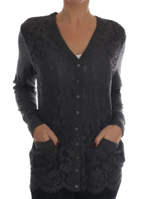Gray Cashmere Floral Lace Cardigan Sweater