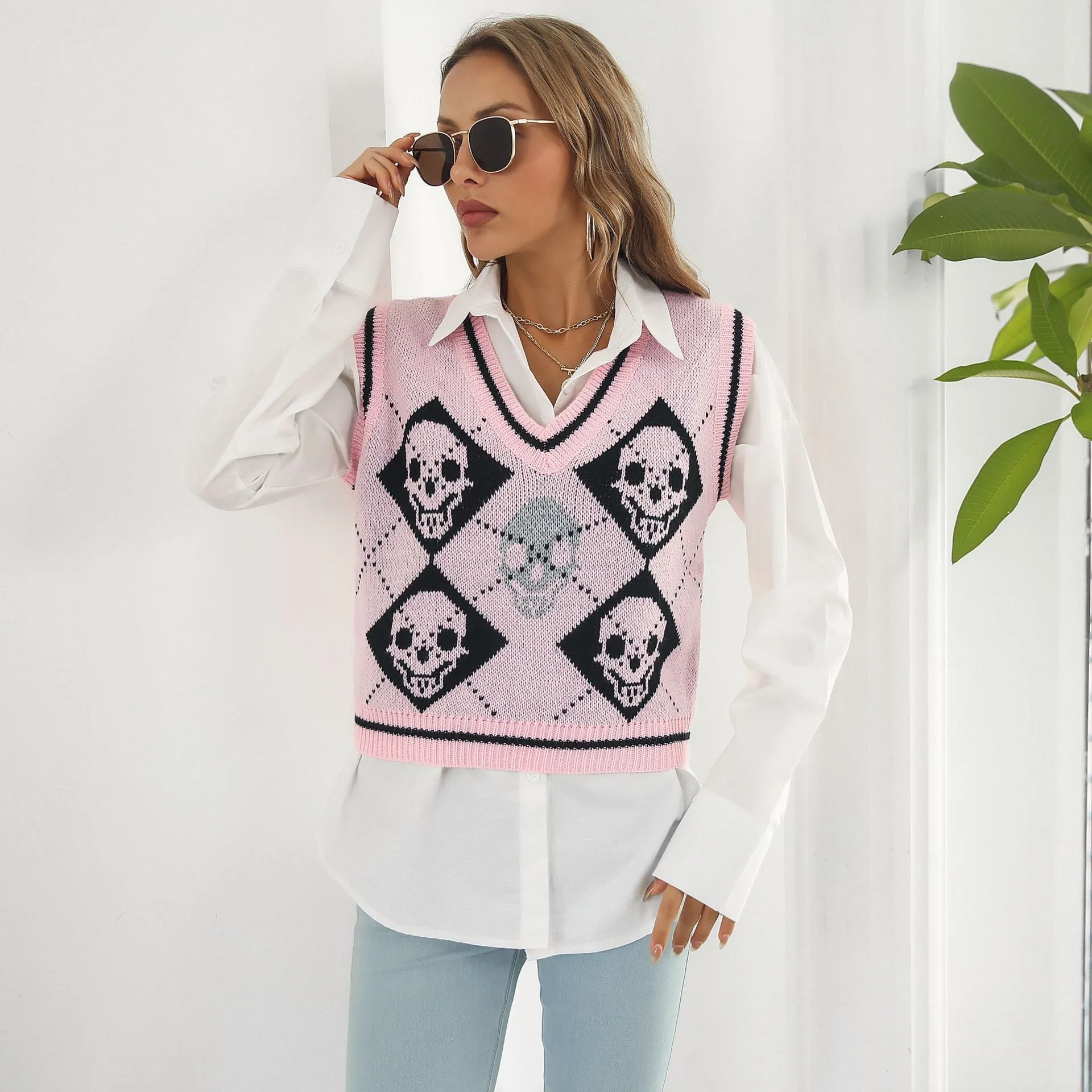 Halloween Sweaters Women Vest Y2K Skulls Personality Knitted Female Vest Plaid Fashion Winter Knitwear Sweaters Tops Women