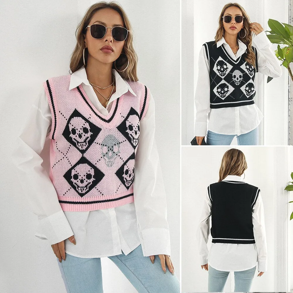 Halloween Sweaters Women Vest Y2K Skulls Personality Knitted Female Vest Plaid Fashion Winter Knitwear Sweaters Tops Women