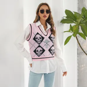 Halloween Sweaters Women Vest Y2K Skulls Personality Knitted Female Vest Plaid Fashion Winter Knitwear Sweaters Tops Women