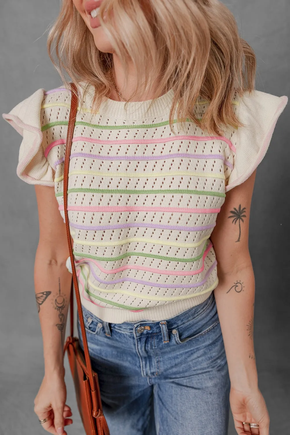 Hazel Blues® |  Striped Eyelet Ruffled Sleeve Sweater Sweater Vest