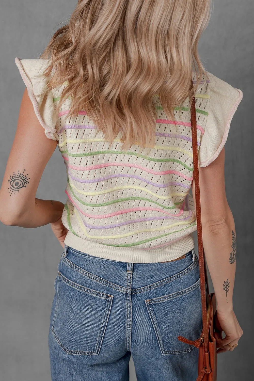 Hazel Blues® |  Striped Eyelet Ruffled Sleeve Sweater Sweater Vest
