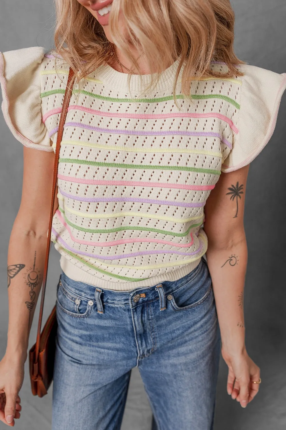 Hazel Blues® |  Striped Eyelet Ruffled Sleeve Sweater Sweater Vest