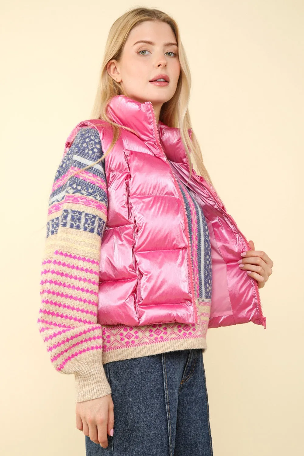 Hazel Blues® |  VERY J Shiny Metallic Zip Up Puffer Vest