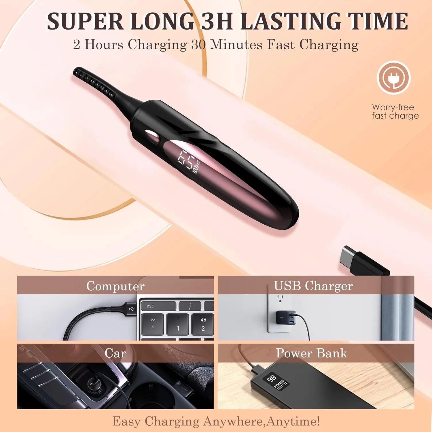Heated Eyelash Curlers - Electric Eyelash Curler for Makeup Tools USB Rechargeable, Fast Heat up within 10S - 24 Hours Long Lasting, with 4 Heating Modes Eyelash Curlers with LED Display (Black)