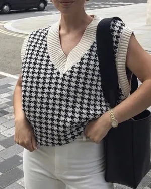Houndstooth V-neck Knitted Vest Sweaters