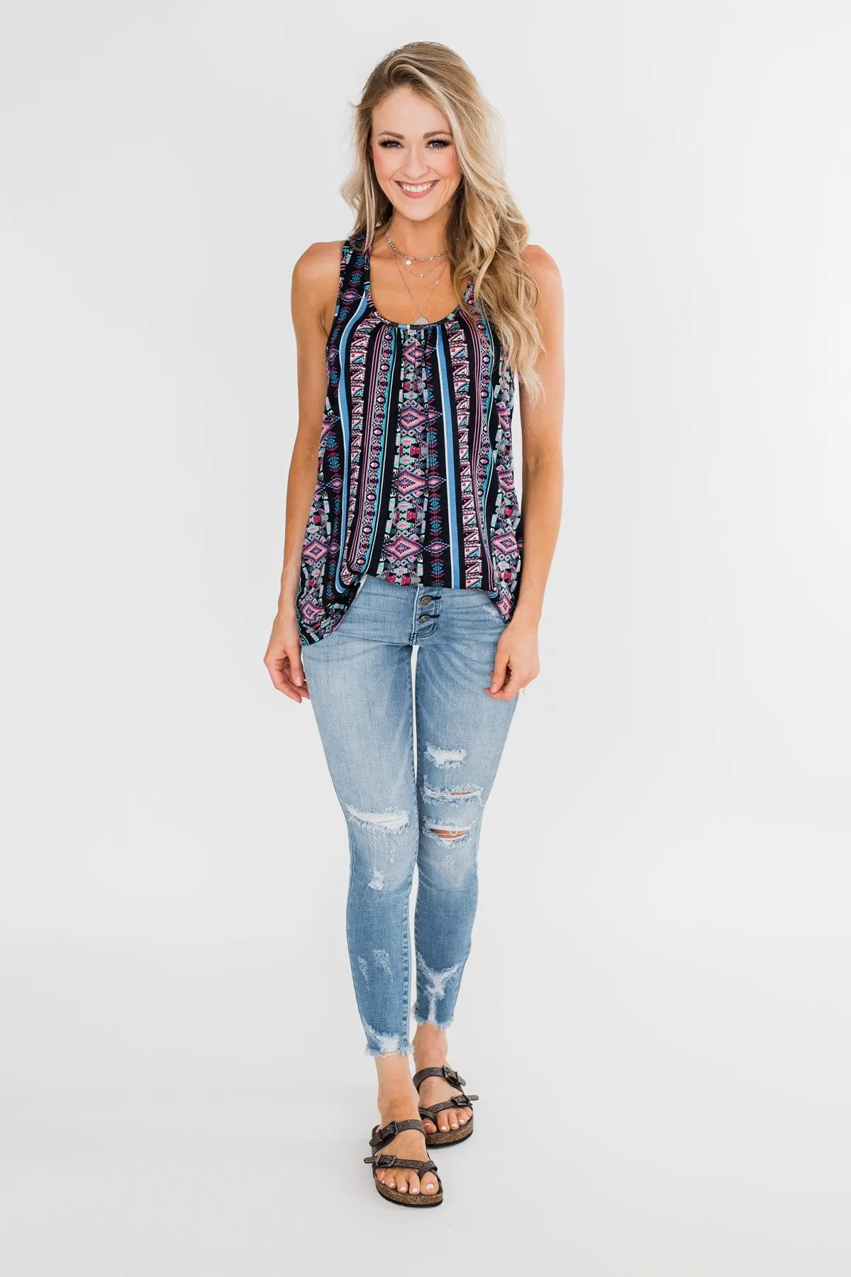 How About Now Printed Zipper Tank Top- Blue Tones