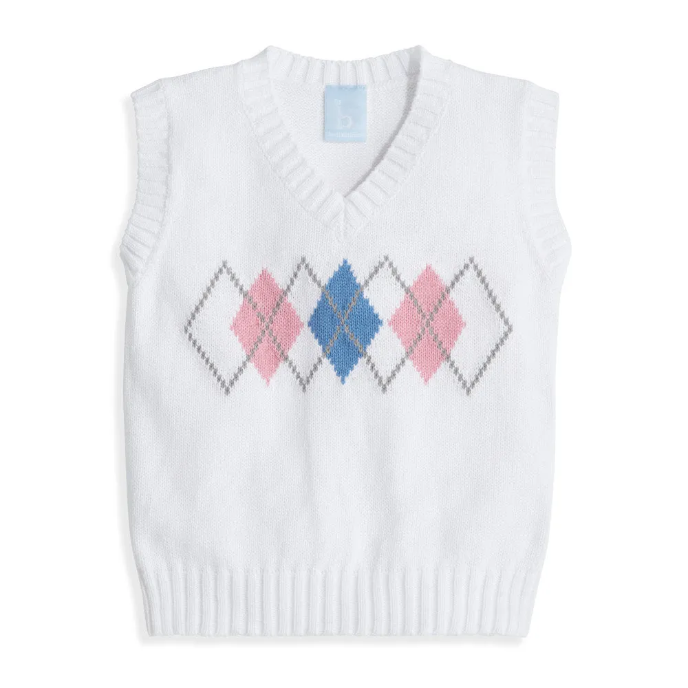 Intarsia Argyle Vest -- Ivory w/ Pink & Periwinkle