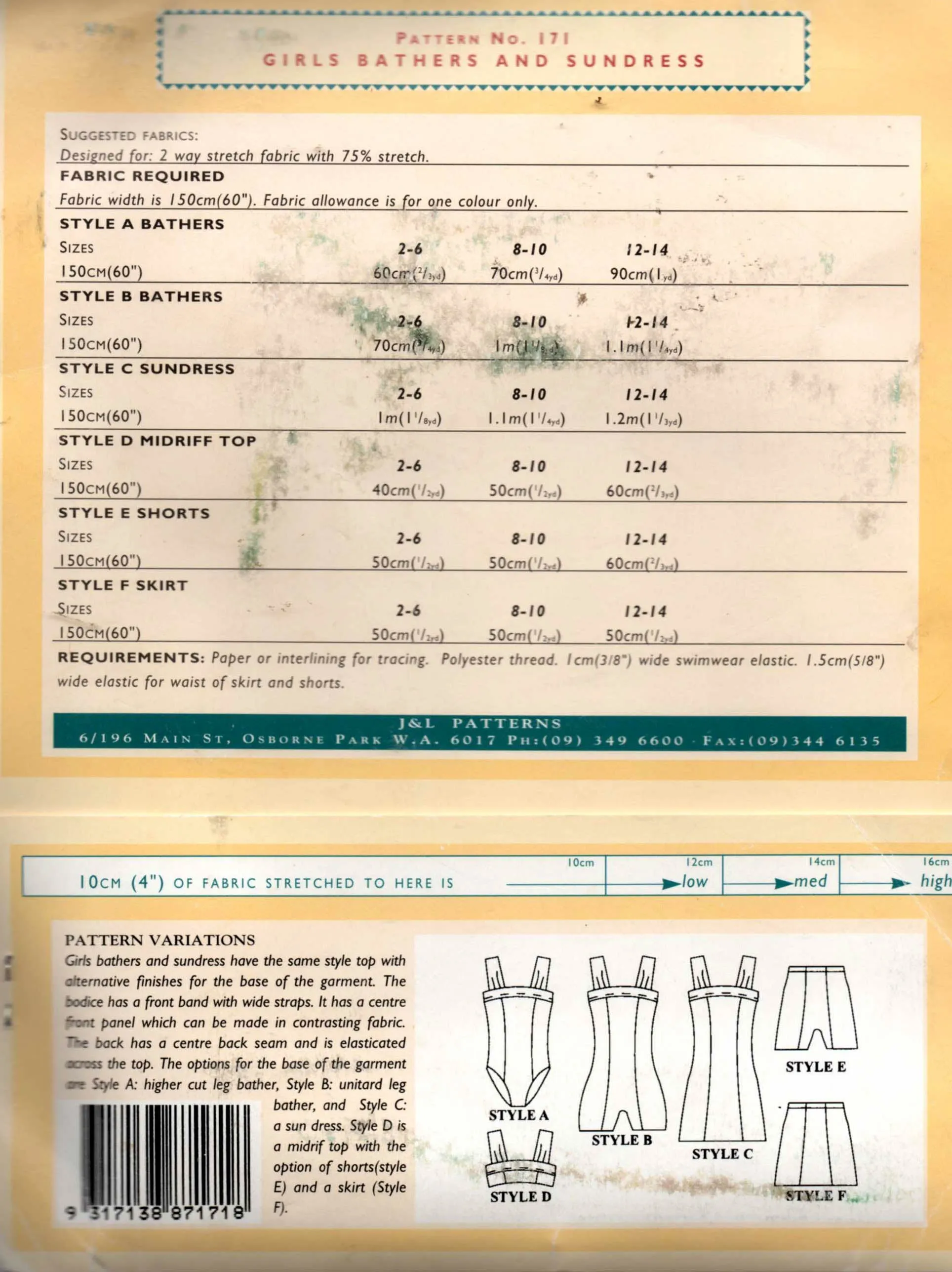 J & L 171 Girls Swimsuit Bikini Swim Dress Skirt & Midriff Top 1990s Sewing Pattern Sizes 2 - 14 UNCUT Master Pattern