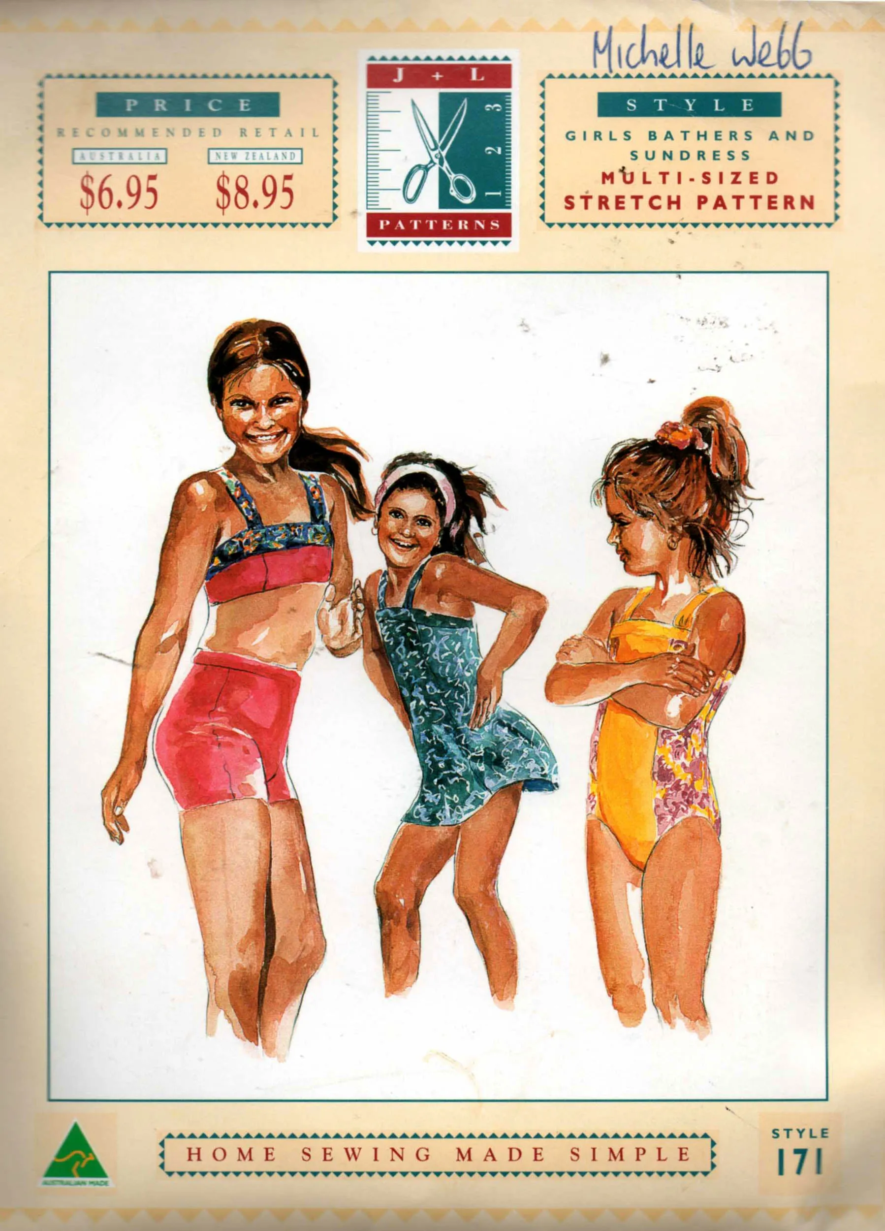 J & L 171 Girls Swimsuit Bikini Swim Dress Skirt & Midriff Top 1990s Sewing Pattern Sizes 2 - 14 UNCUT Master Pattern