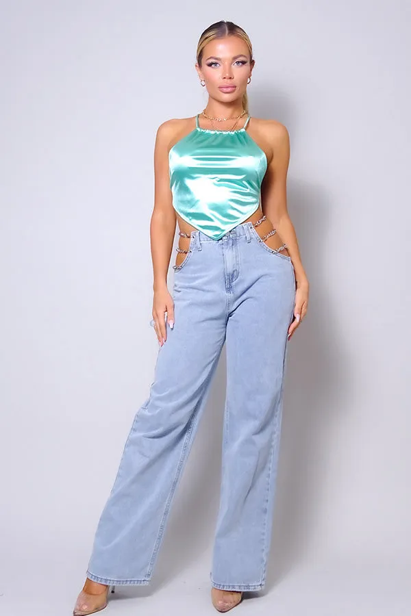 Jazmin Mint Sexy Spaghetti Strap Halter Scarf Top