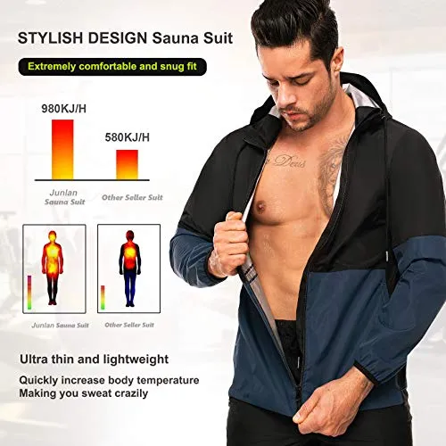 Junlan Sauna Suit for Mens Sweat Sauna Jacket for Men Sweat Tops Gym Workout Zipper Hoodie Sauna Suits (Blue Jacket Only, Large)