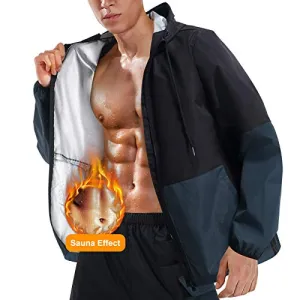 Junlan Sauna Suit for Mens Sweat Sauna Jacket for Men Sweat Tops Gym Workout Zipper Hoodie Sauna Suits (Blue Jacket Only, Large)