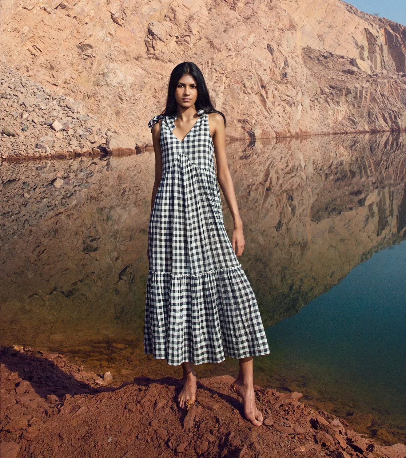 Khara Kapas   I   KharaKapas I Sleeveless Checkered 2 Tier Tie-Up Dress I  32 Days Of Summer
