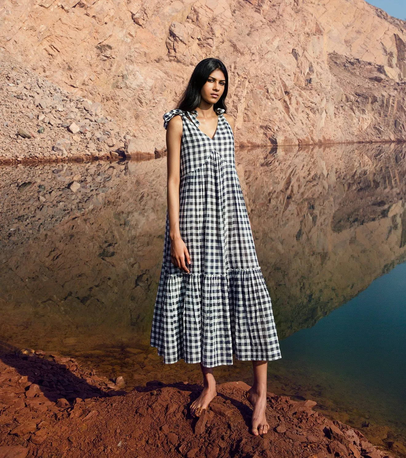 Khara Kapas   I   KharaKapas I Sleeveless Checkered 2 Tier Tie-Up Dress I  32 Days Of Summer