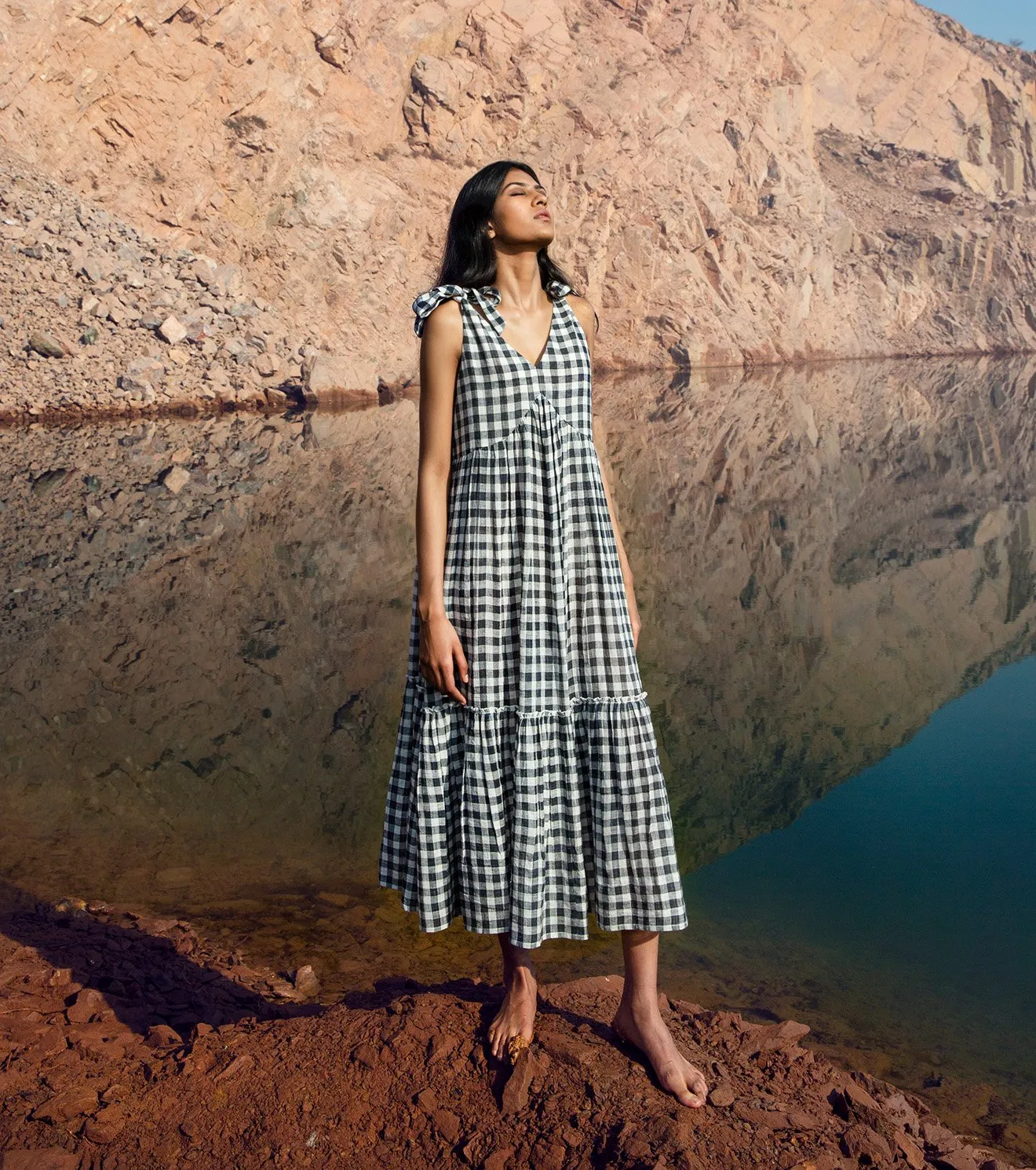 Khara Kapas   I   KharaKapas I Sleeveless Checkered 2 Tier Tie-Up Dress I  32 Days Of Summer