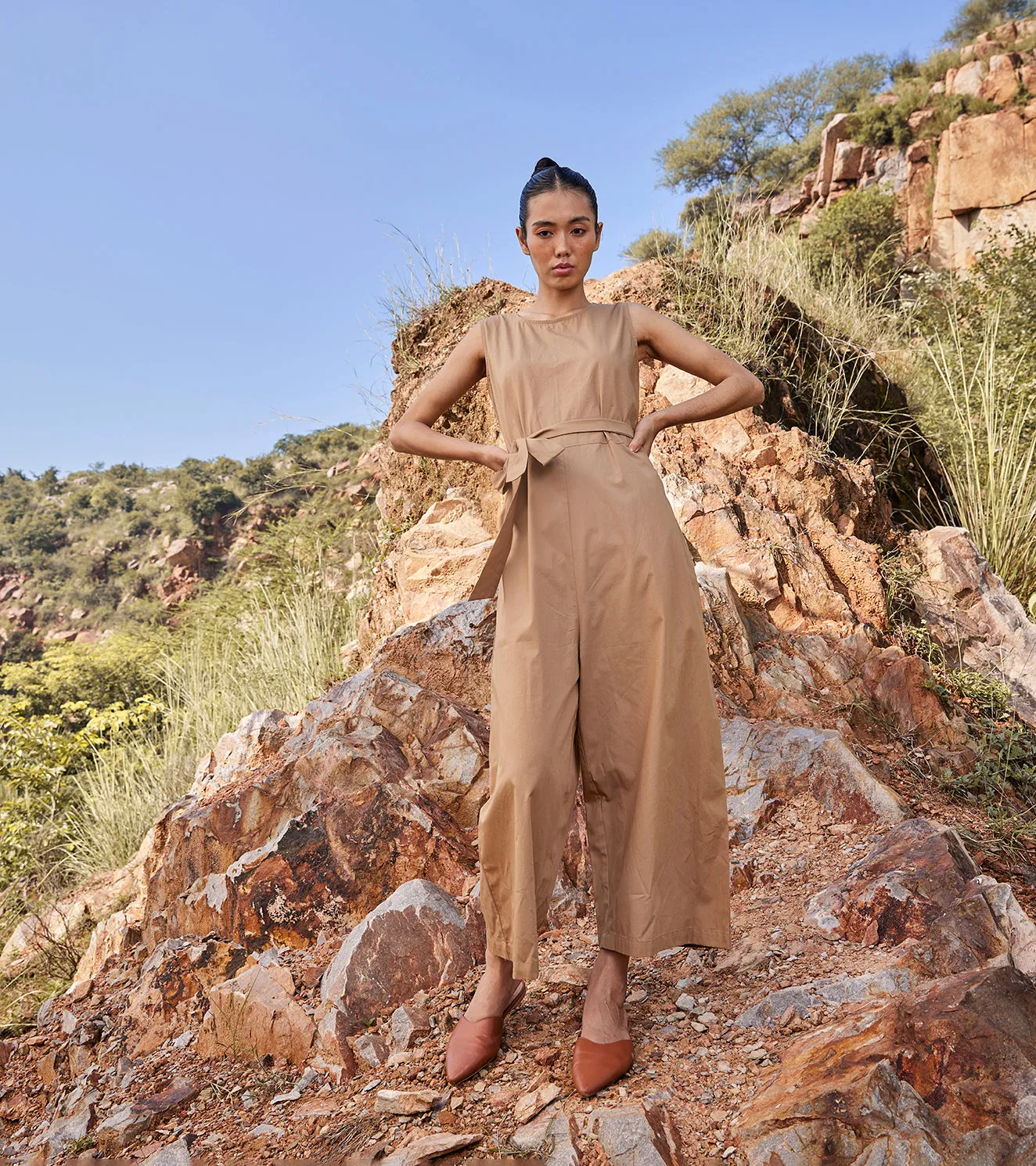 Khara Kapas In the Woods Jumpsuit Cotton Poplin  Khaki Brown KW690
