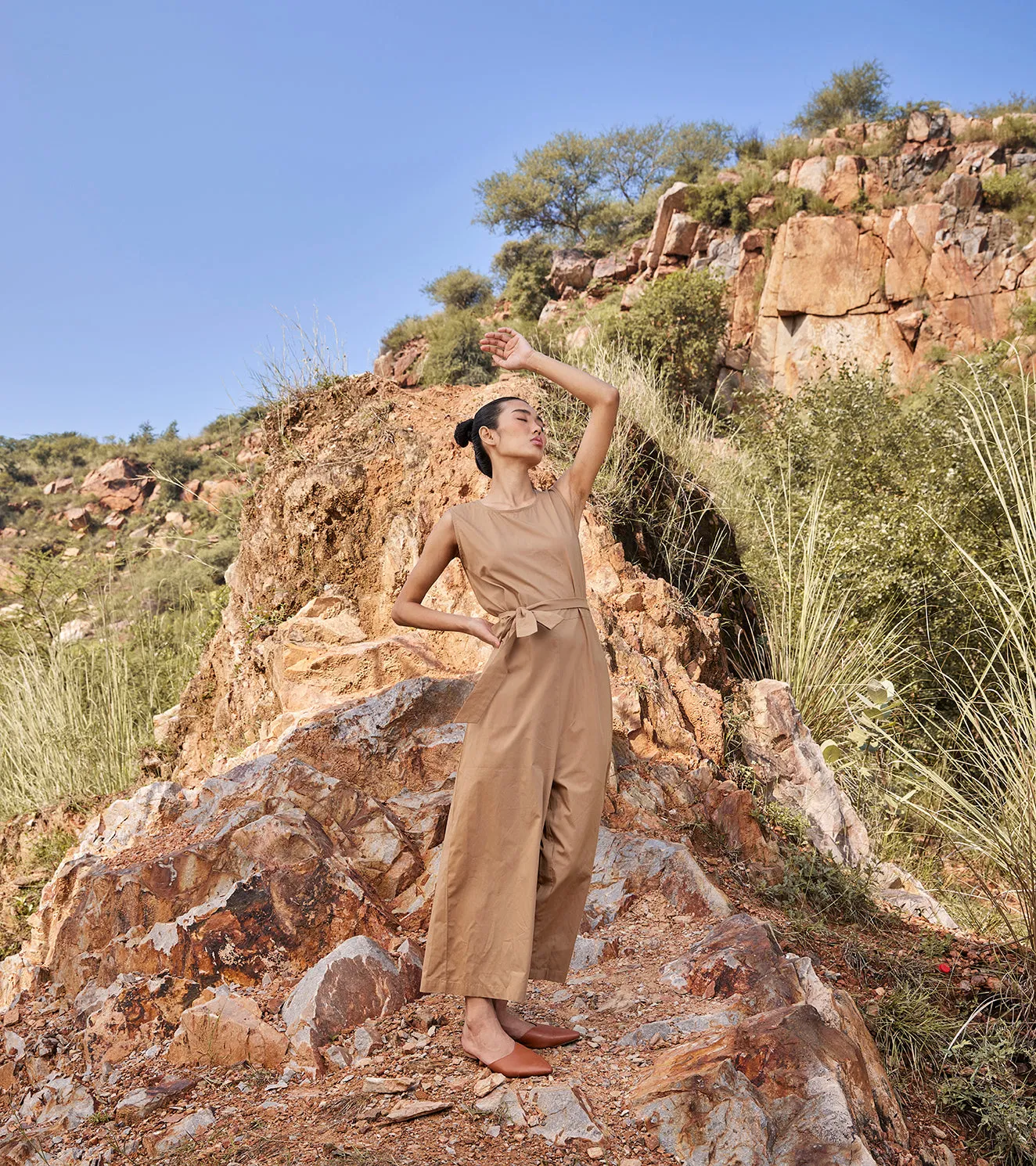 Khara Kapas In the Woods Jumpsuit Cotton Poplin  Khaki Brown KW690