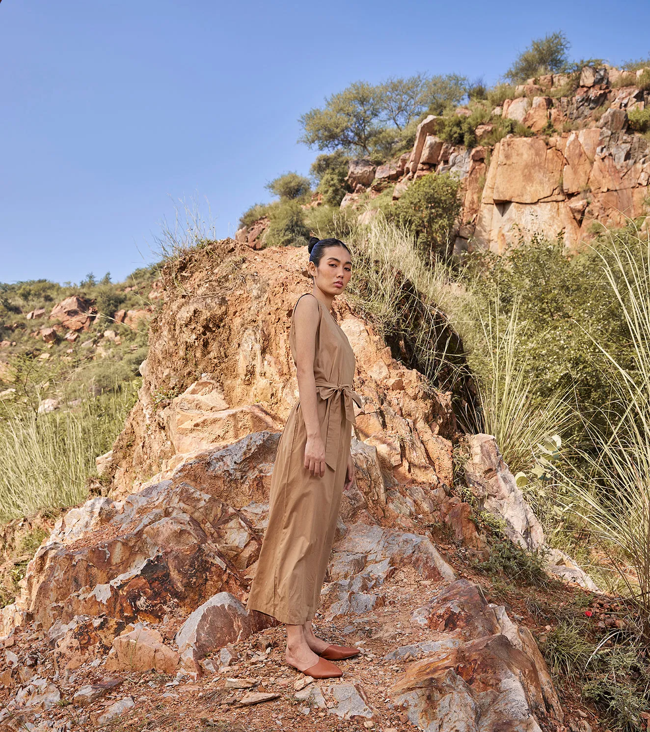 Khara Kapas In the Woods Jumpsuit Cotton Poplin  Khaki Brown KW690