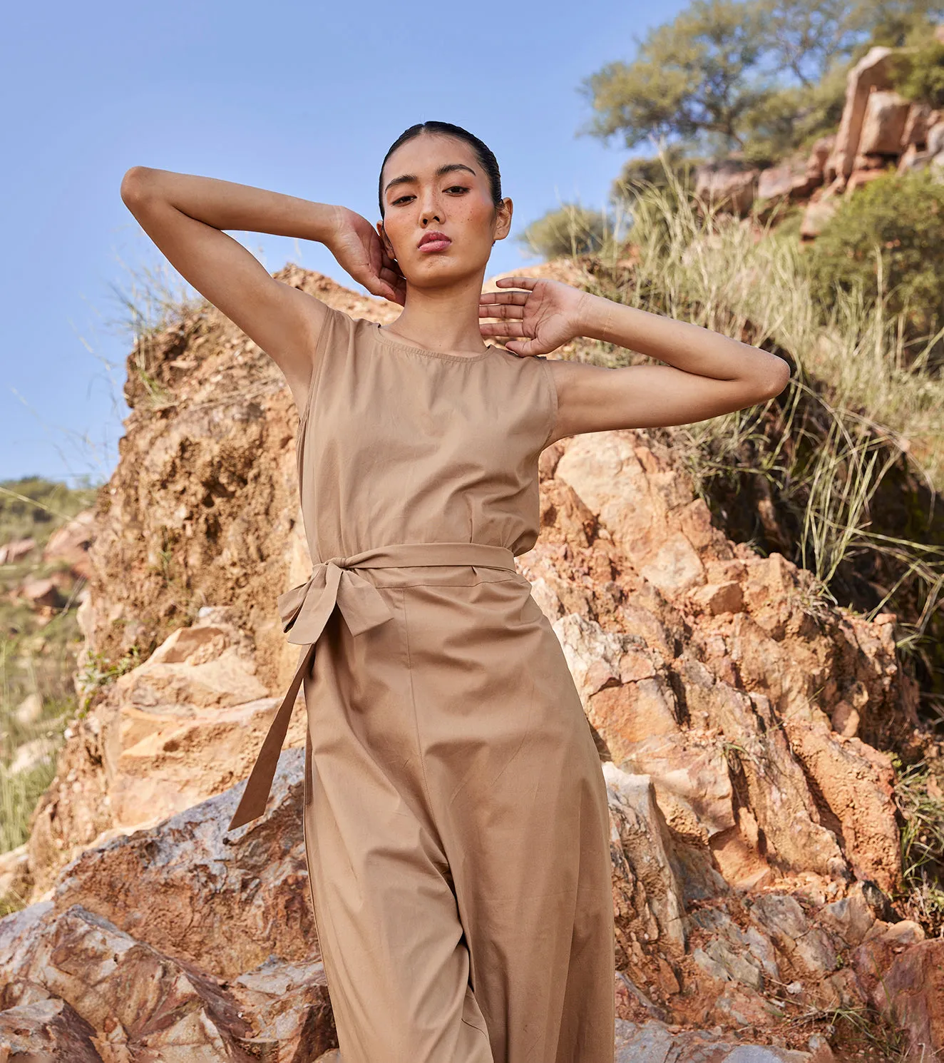 Khara Kapas In the Woods Jumpsuit Cotton Poplin  Khaki Brown KW690