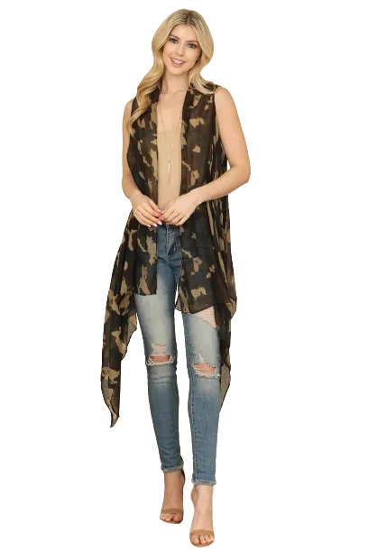 Knee Length Camouflage Open Front Kimono Vest - Pack of 6