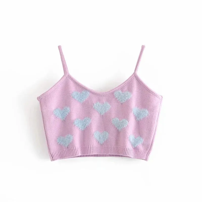 Knit Flock Love Shape Crop Vest Cardigan Single-breasted Two-piece Set