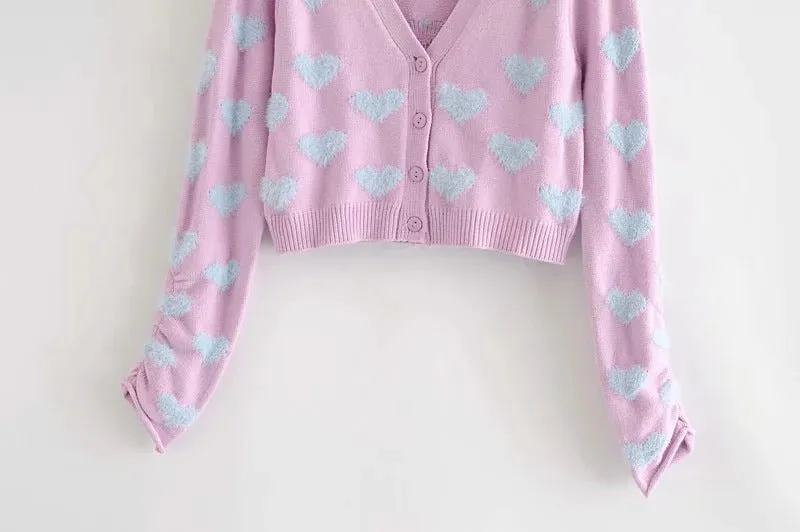 Knit Flock Love Shape Crop Vest Cardigan Single-breasted Two-piece Set