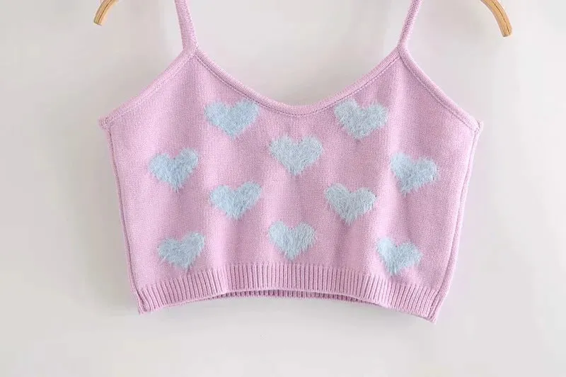 Knit Flock Love Shape Crop Vest Cardigan Single-breasted Two-piece Set