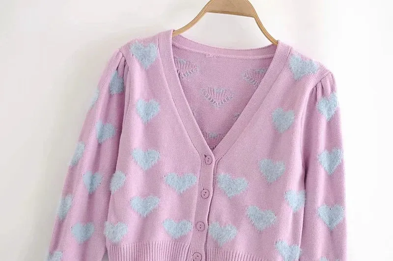 Knit Flock Love Shape Crop Vest Cardigan Single-breasted Two-piece Set