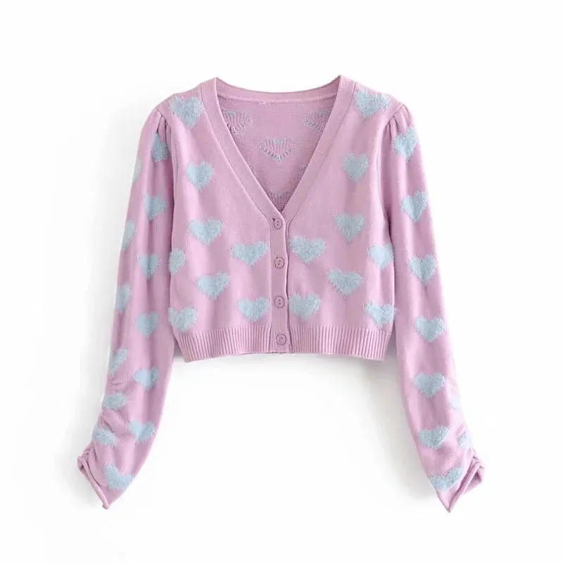 Knit Flock Love Shape Crop Vest Cardigan Single-breasted Two-piece Set