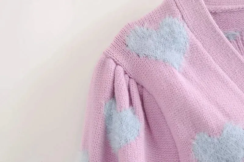 Knit Flock Love Shape Crop Vest Cardigan Single-breasted Two-piece Set