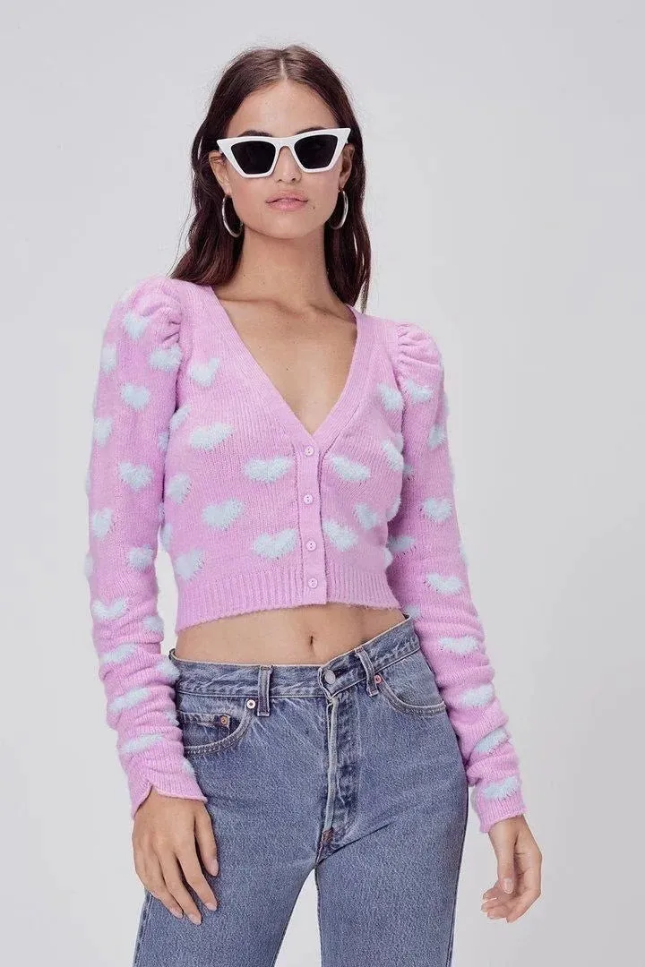 Knit Flock Love Shape Crop Vest Cardigan Single-breasted Two-piece Set