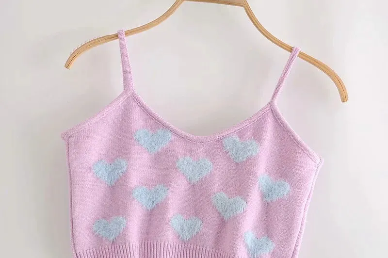 Knit Flock Love Shape Crop Vest Cardigan Single-breasted Two-piece Set
