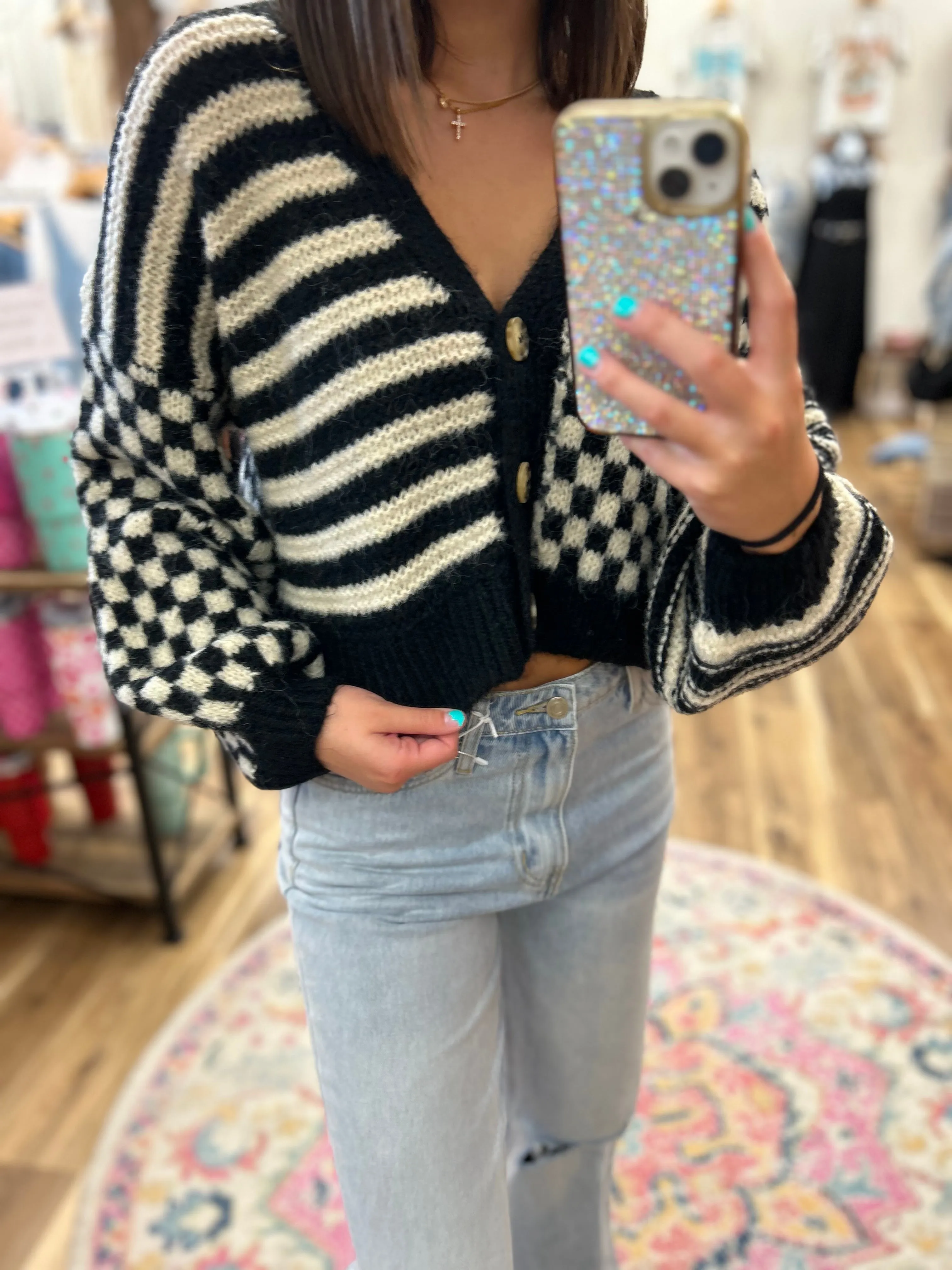 Kylie Black Stripe and Checkered Cardigan