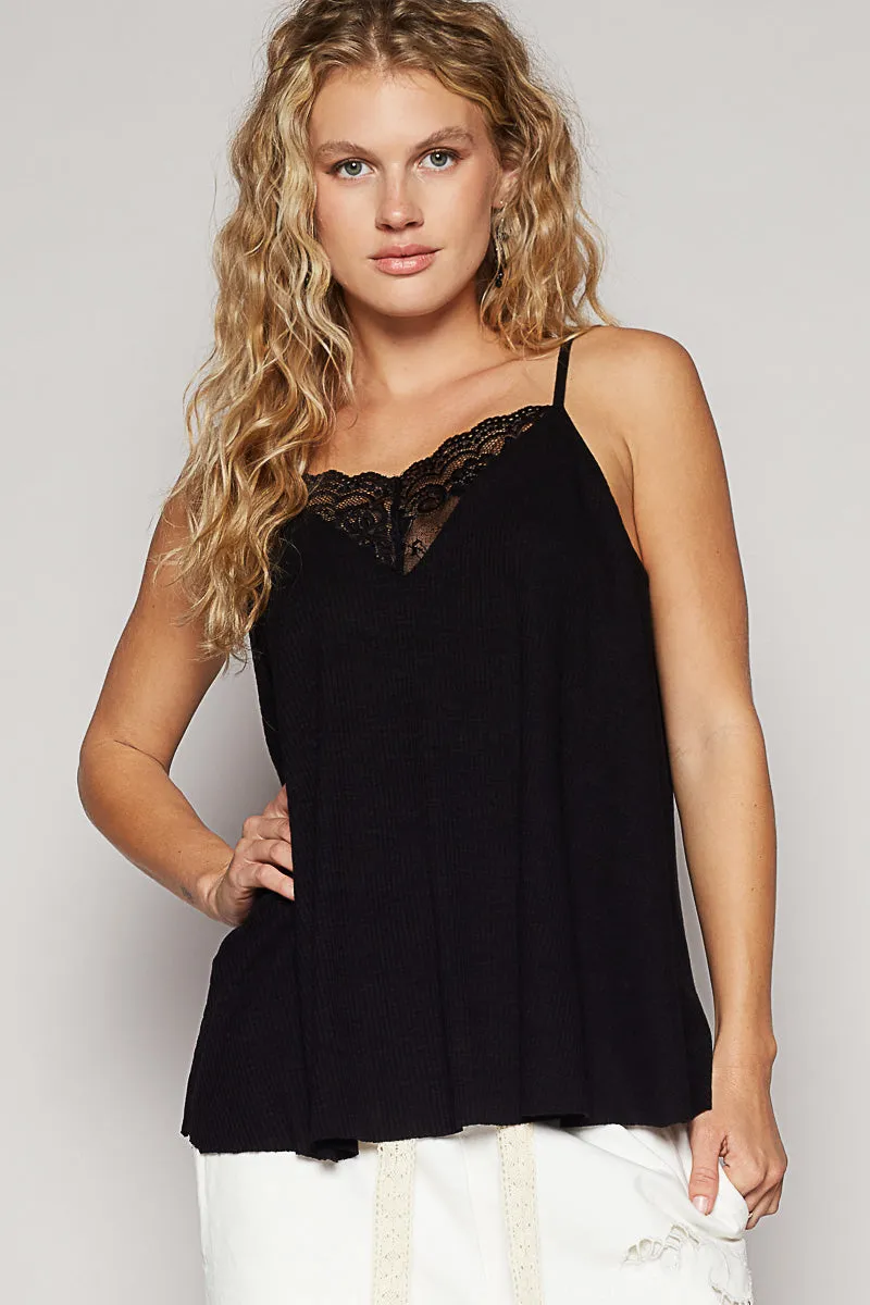 Lace V-Neck Flowy Tank Top by POL - Black