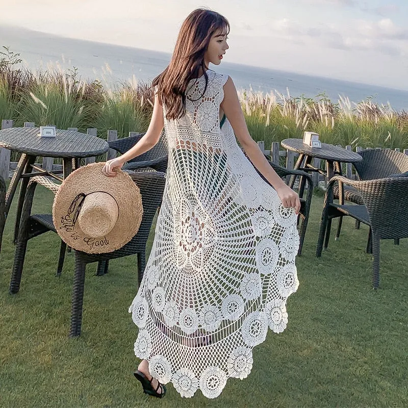 LEDA Hollow Out Graduated Beach Dress - New