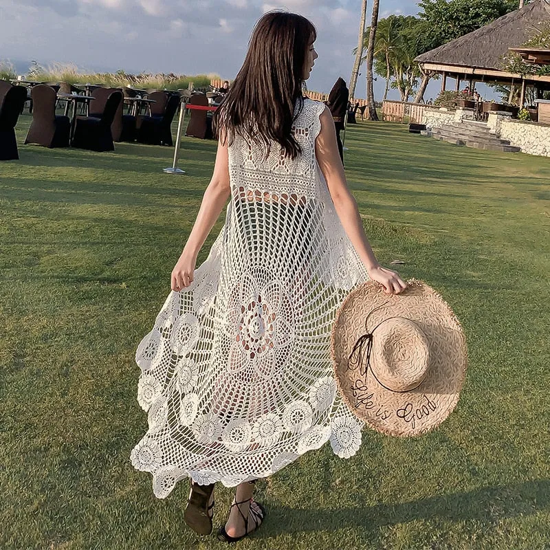 LEDA Hollow Out Graduated Beach Dress - New