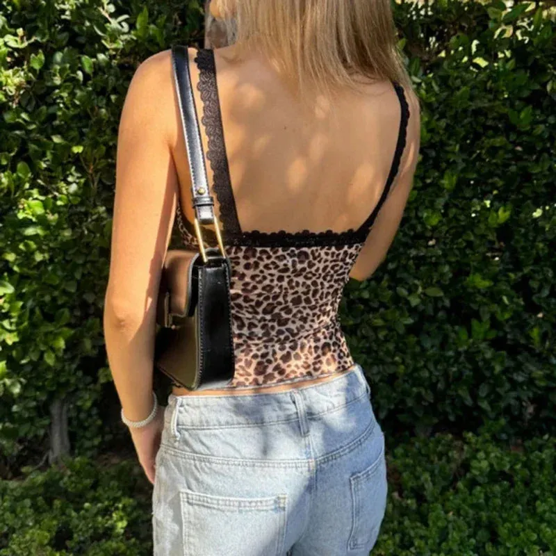 Leopard Print Coquette Lace Trim V Neck Spaghetti Strap Sexy Sleeveless Crop Top