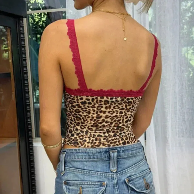 Leopard Print Coquette Lace Trim V Neck Spaghetti Strap Sexy Sleeveless Crop Top