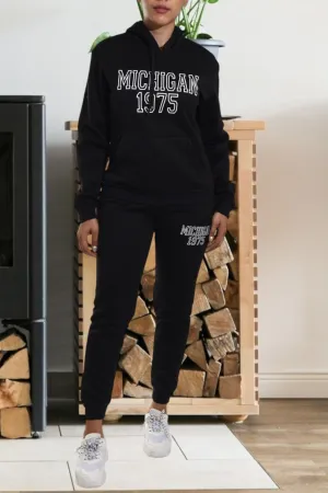 Letter Graphic Black Hoody Tracksuit Set