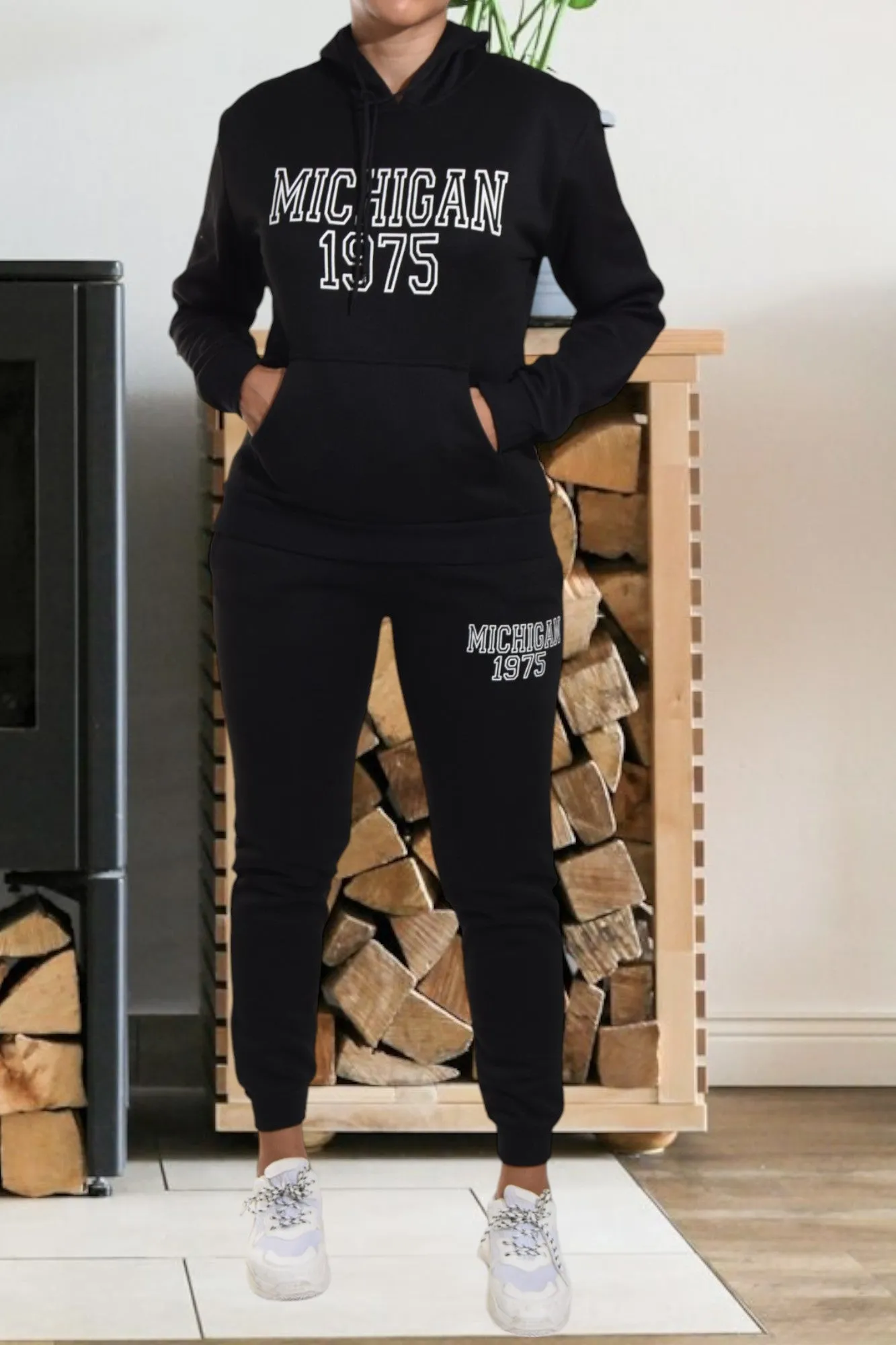 Letter Graphic Black Hoody Tracksuit Set